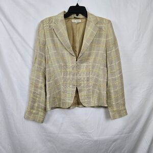 Bill Burns Womens Ivory Plaid Linen Blend Lined 1/4 Zip Italian Blazer 8 Vintage